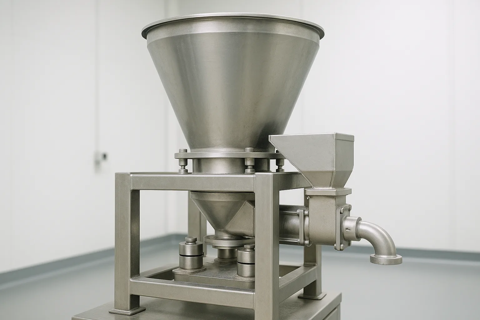A loss-in-weight feeder, its hopper standing on load cells, discharging through a short screw into the inlet below.