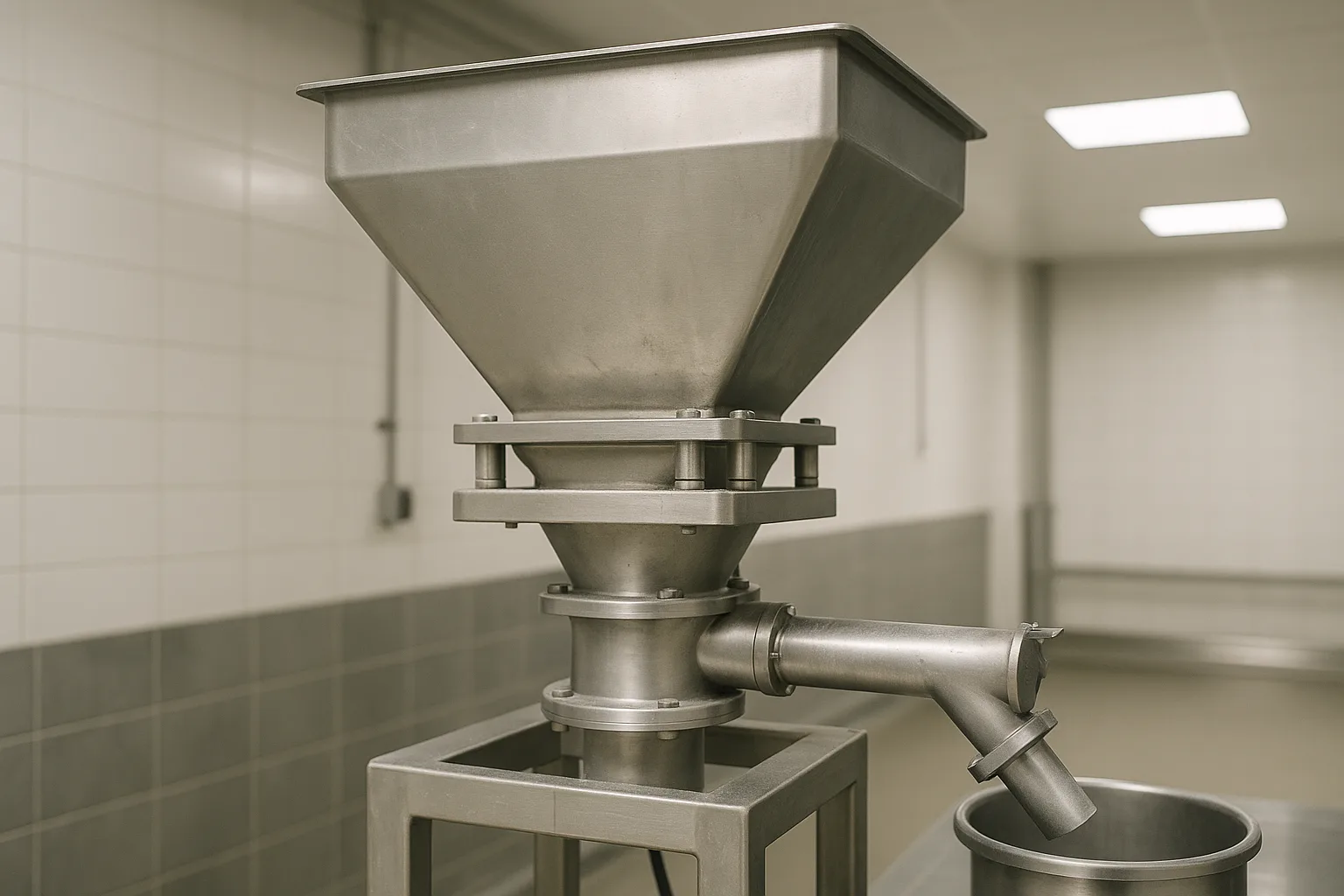 A loss-in-weight feeder, its hopper standing on load cells, discharging through a short screw into the inlet below.