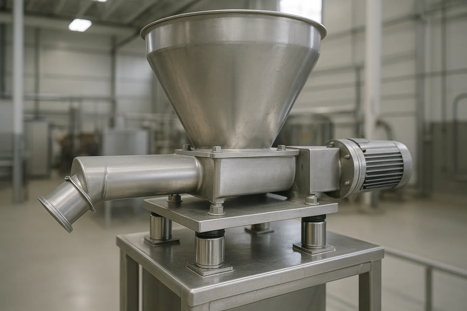 A loss-in-weight feeder, its hopper standing on load cells, discharging through a short screw into the inlet below.