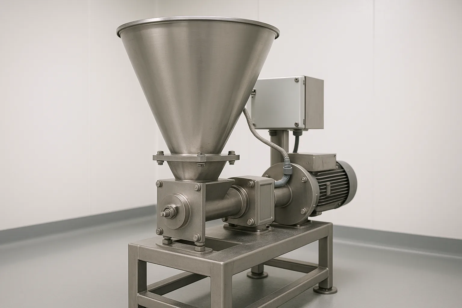 A loss-in-weight feeder, its hopper standing on load cells, discharging through a short screw into the inlet below.