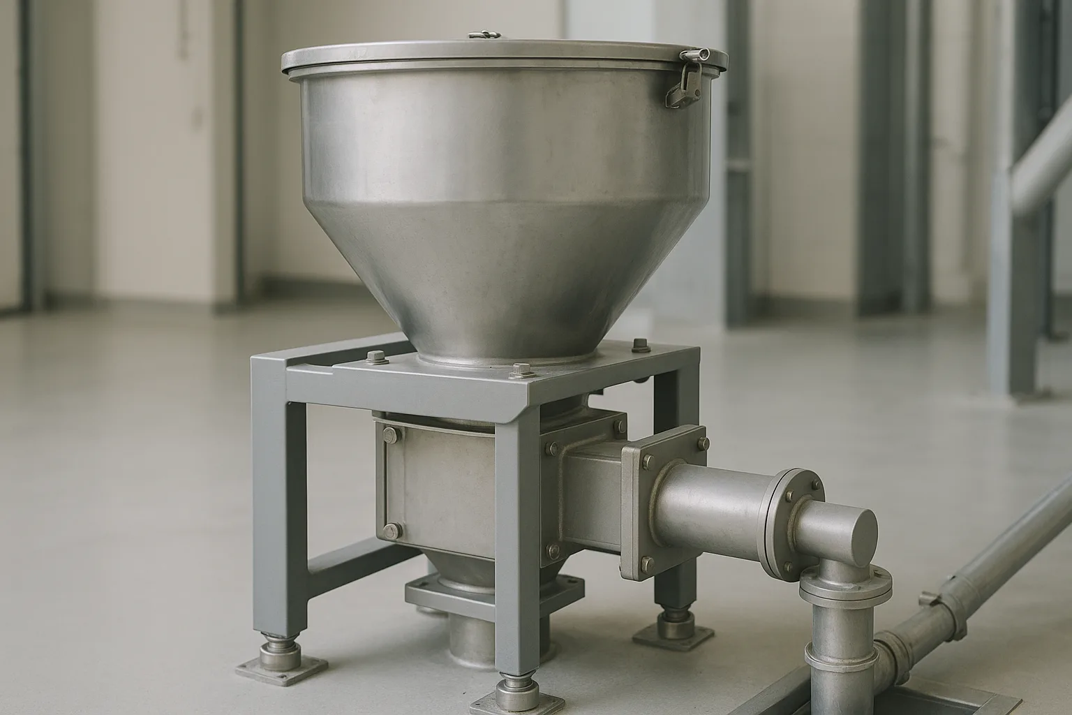 A loss-in-weight feeder, its hopper standing on load cells, discharging through a short screw into the inlet below.