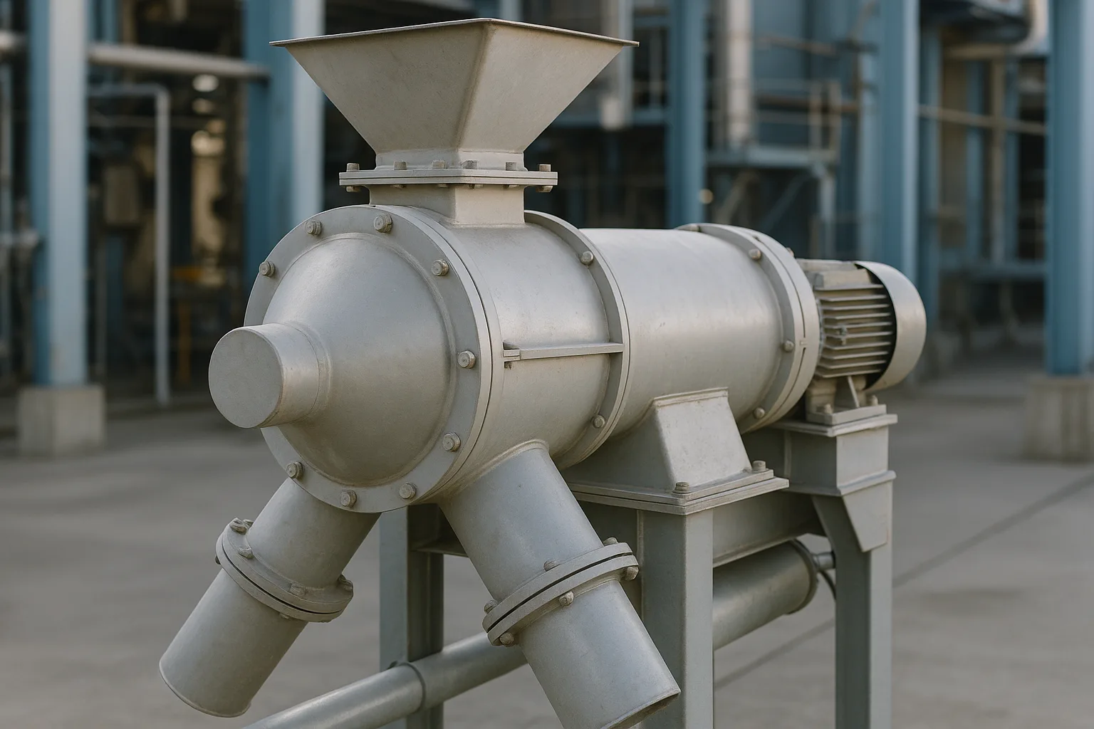 A centrifugal sifter with its feed inlet above and two outlets below.