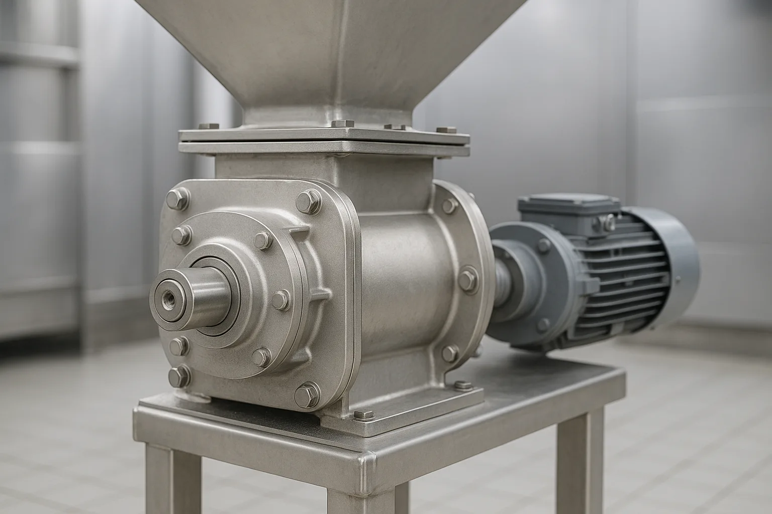 A rotary valve bolted under a hopper outlet, drive and bearing visible on one side.