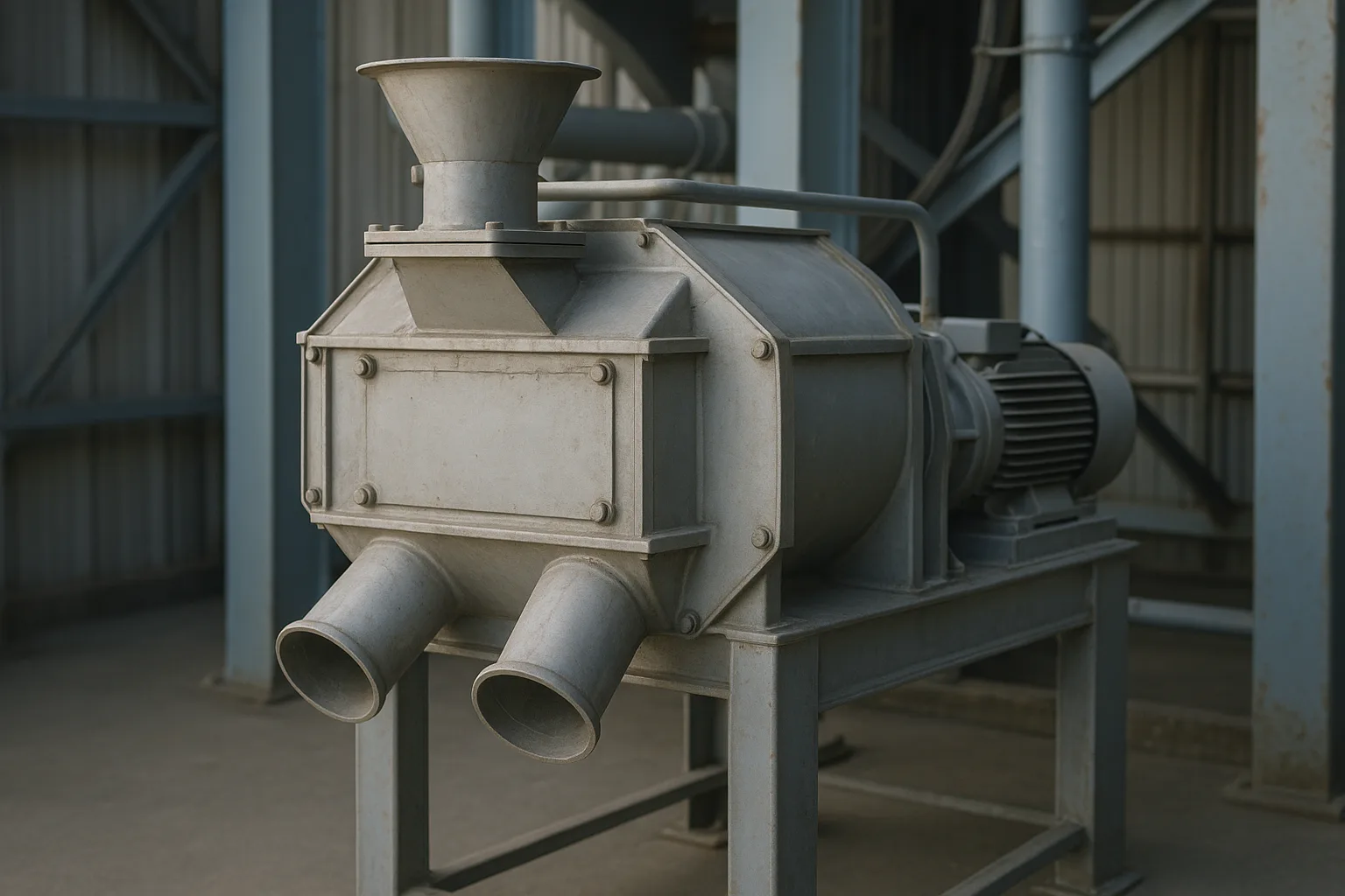 A centrifugal sifter with its feed inlet above and two outlets below.