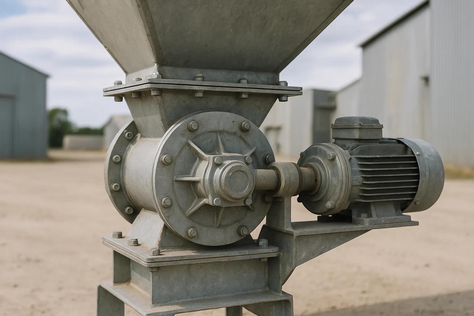 A rotary valve bolted under a hopper outlet, drive and bearing visible on one side.