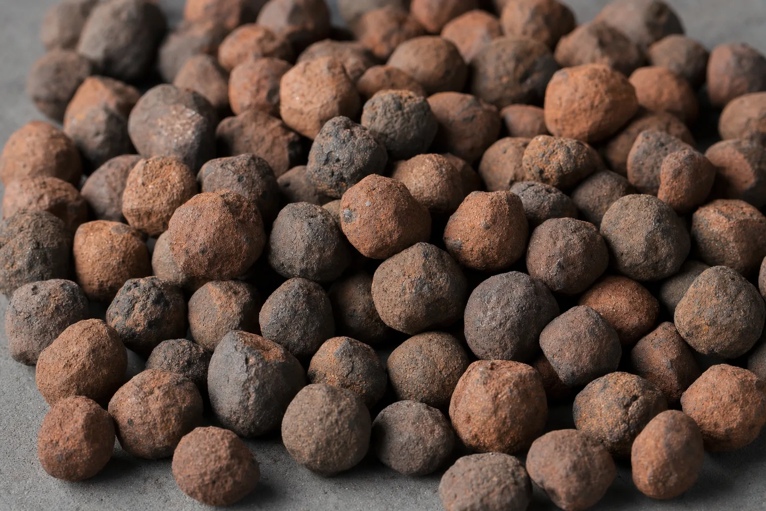 Close-up of iron ore pellets, showing particle size and texture.