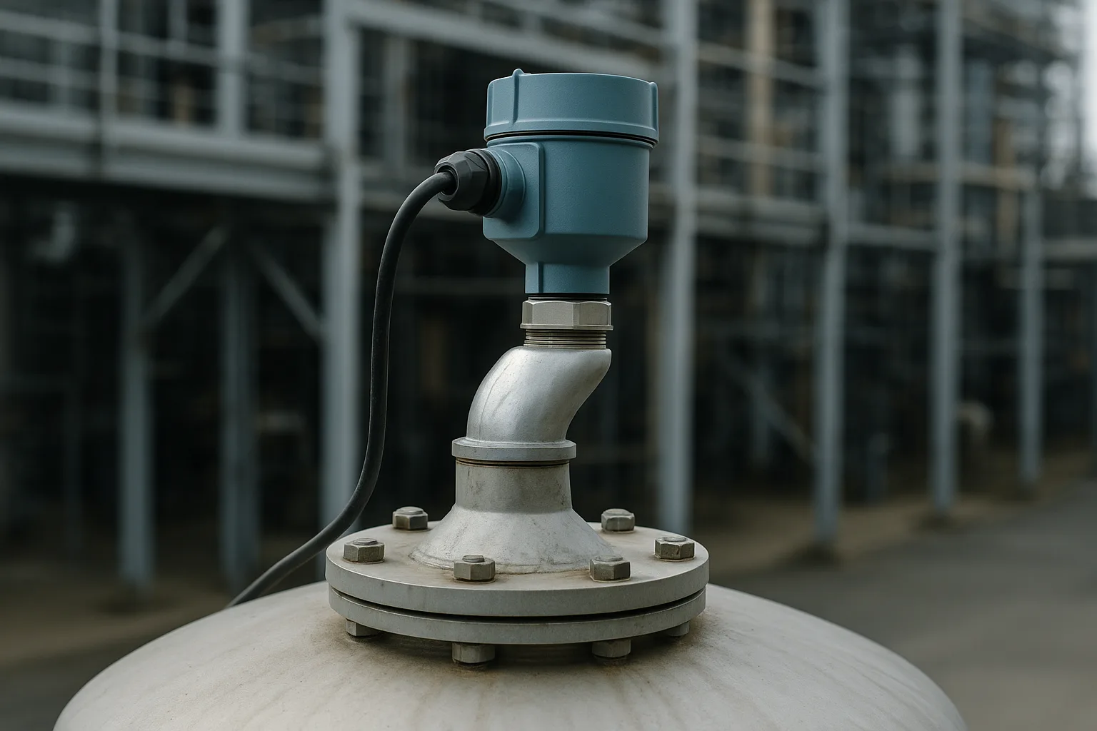 A radar level sensor mounted on the roof nozzle of a single outdoor silo.