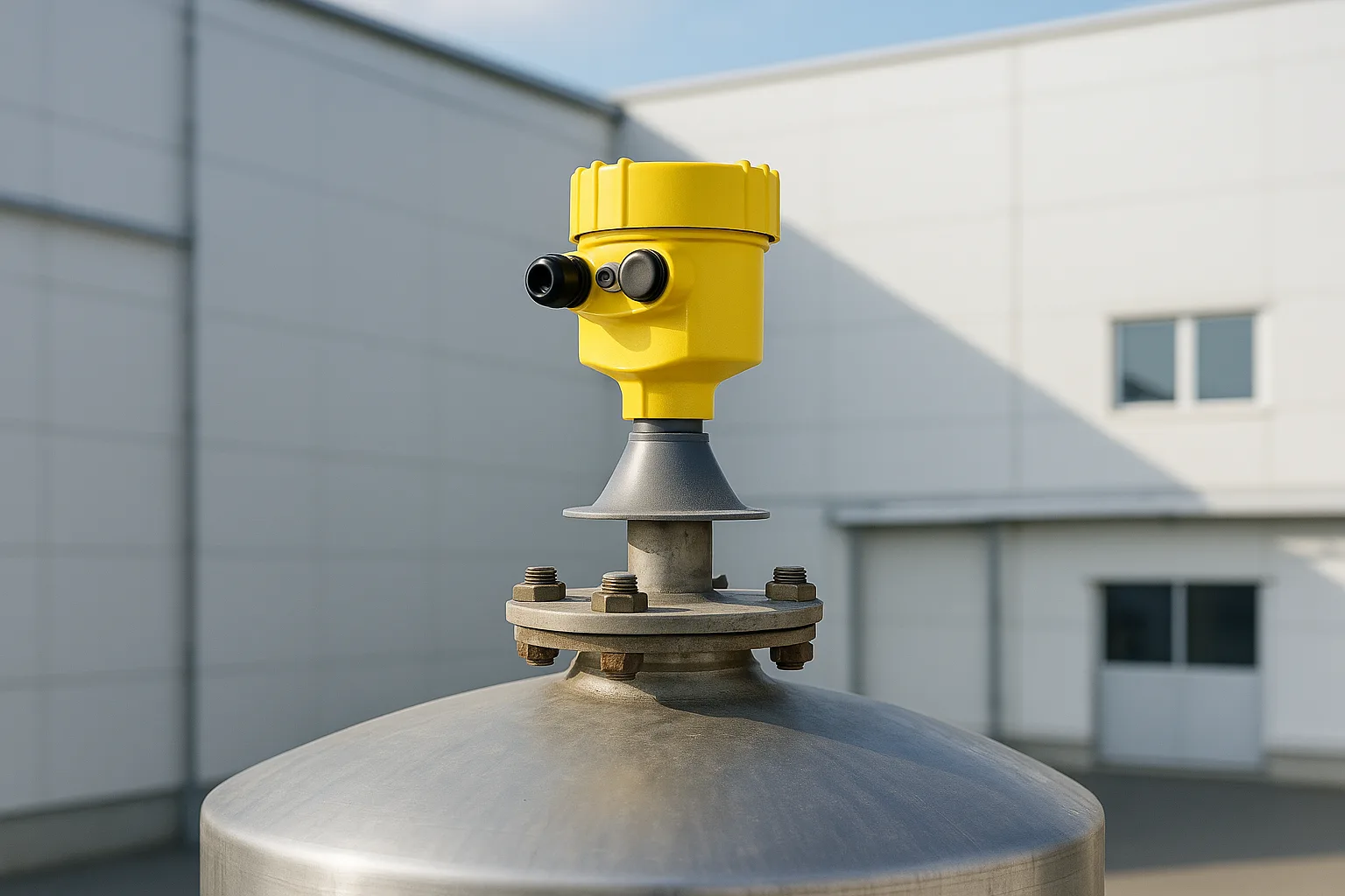 A radar level sensor mounted on the roof nozzle of a single outdoor silo.