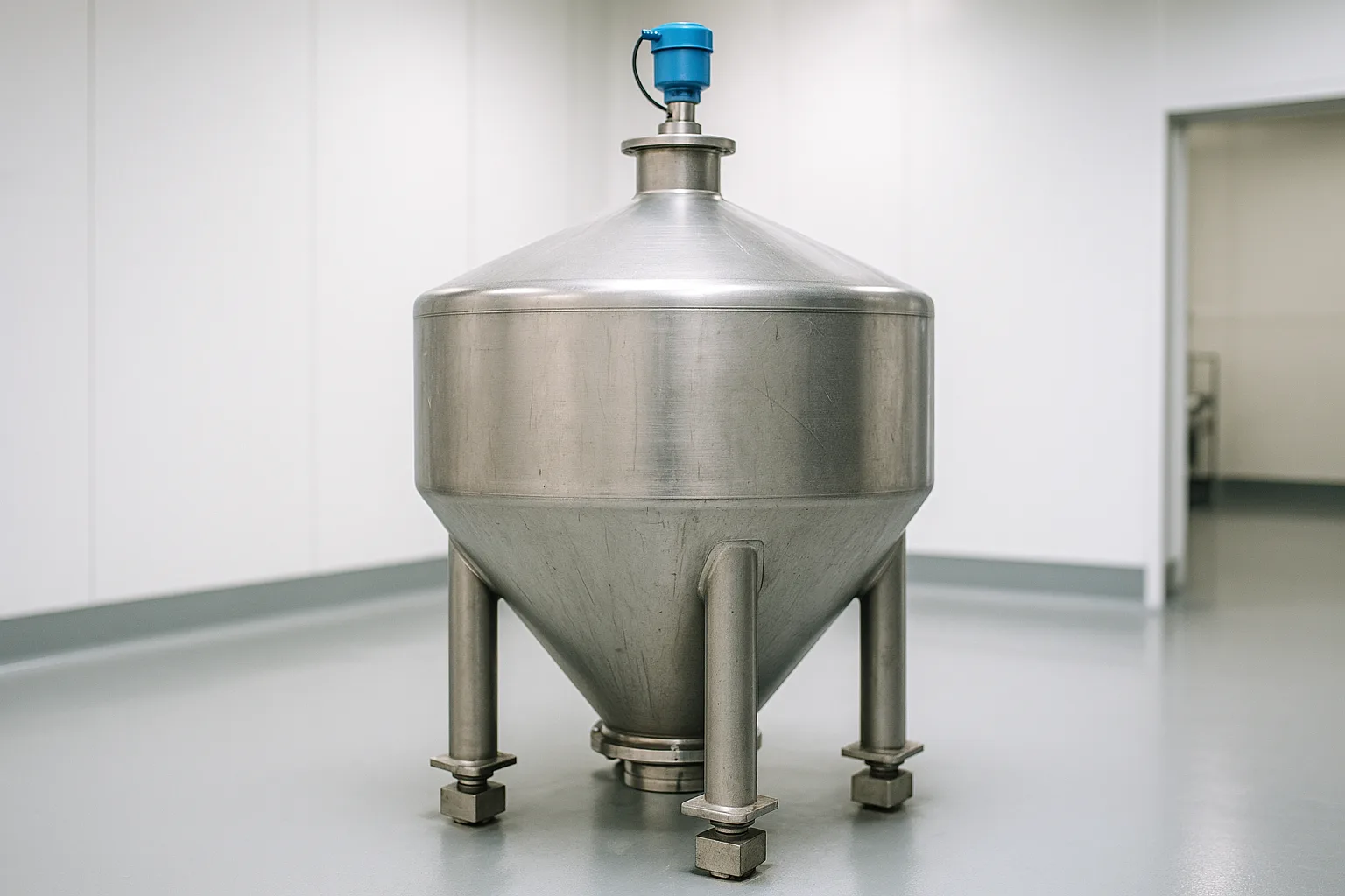 A weighed stainless hopper standing on three load cells, with a level sensor on its roof nozzle.