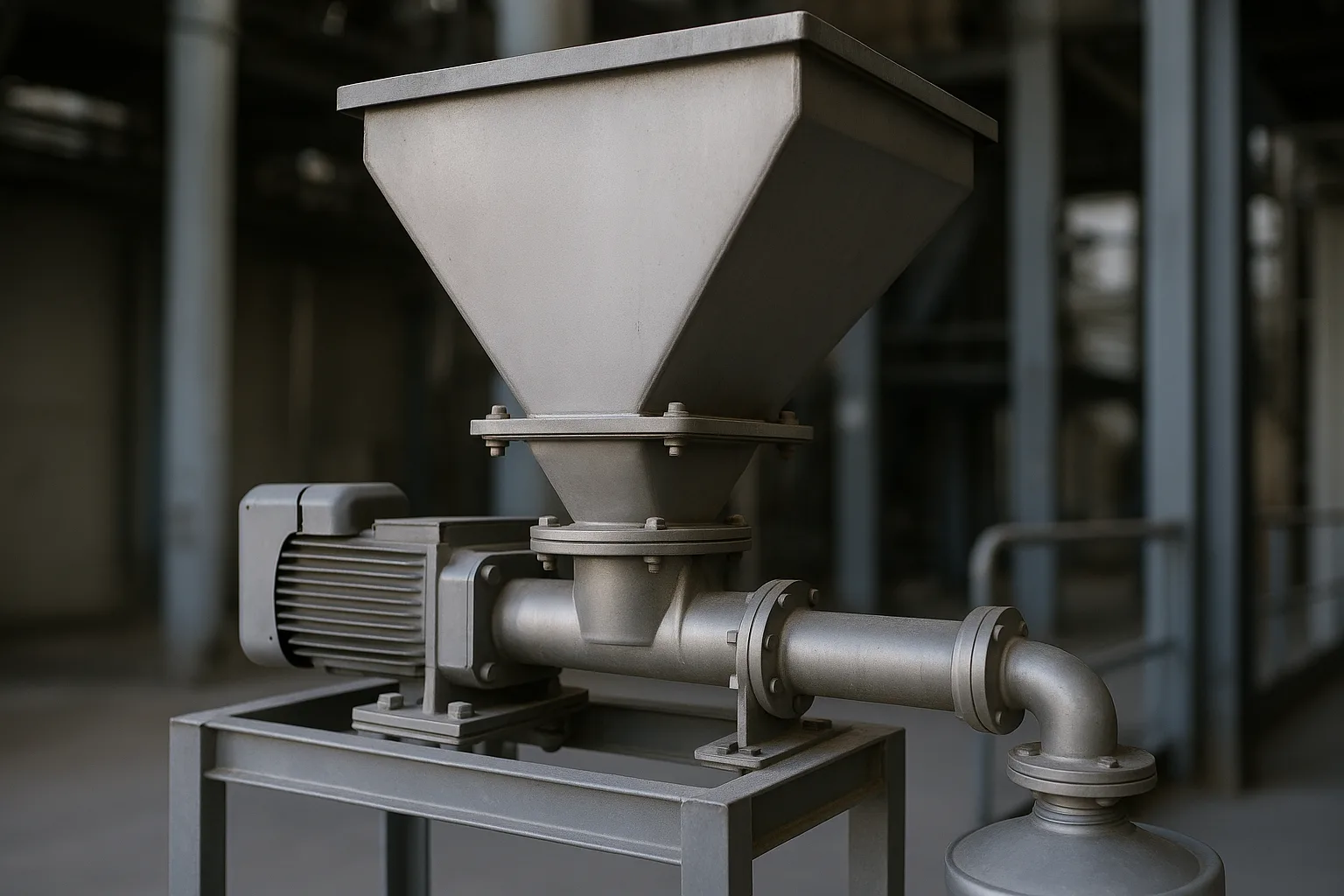 A loss-in-weight feeder, its hopper standing on load cells, discharging through a short screw into the inlet below.