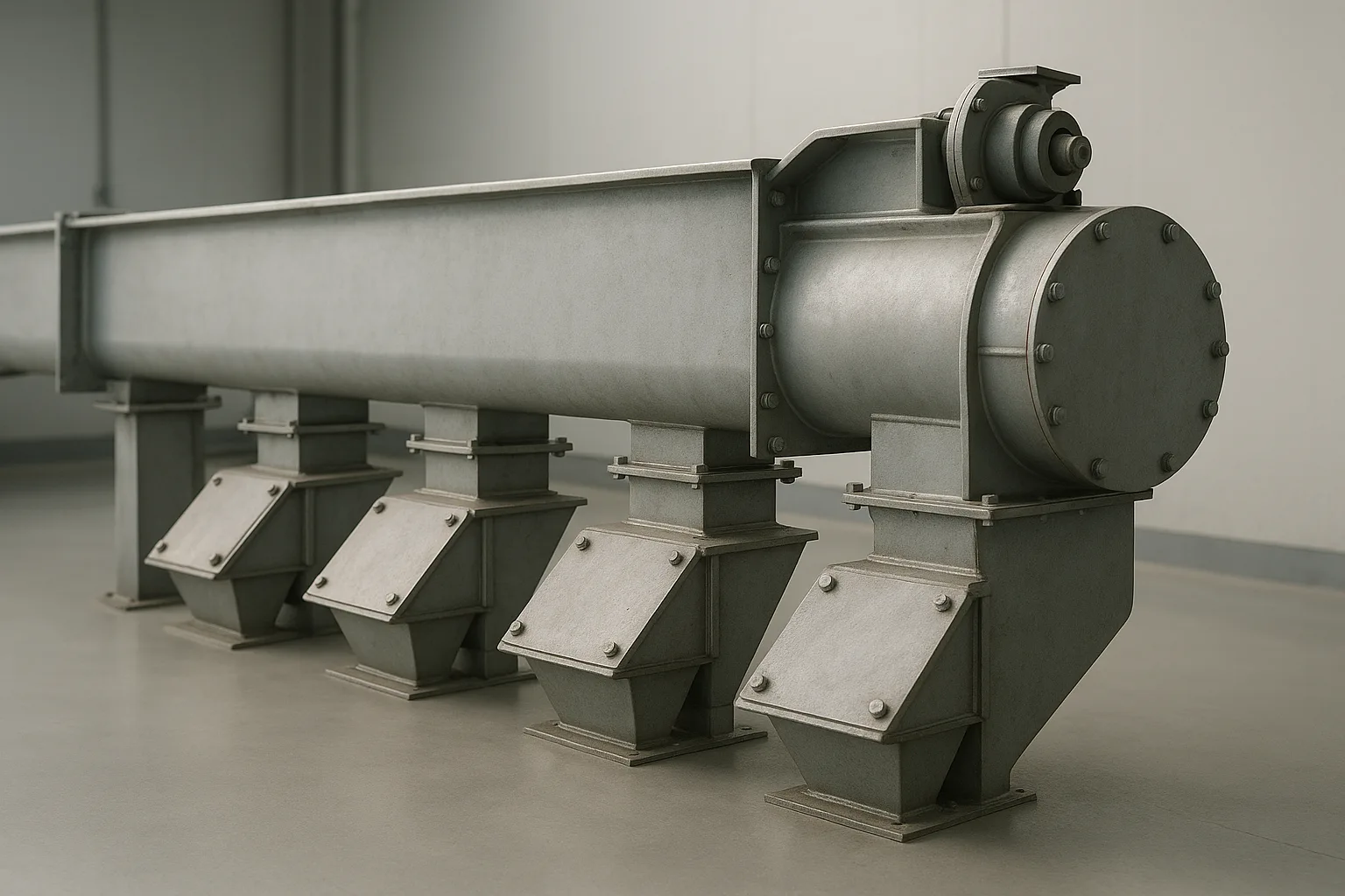 An enclosed chain conveyor running horizontally above a row of outlet gates.