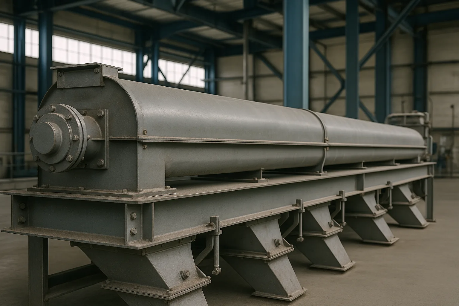 An enclosed chain conveyor running horizontally above a row of outlet gates.