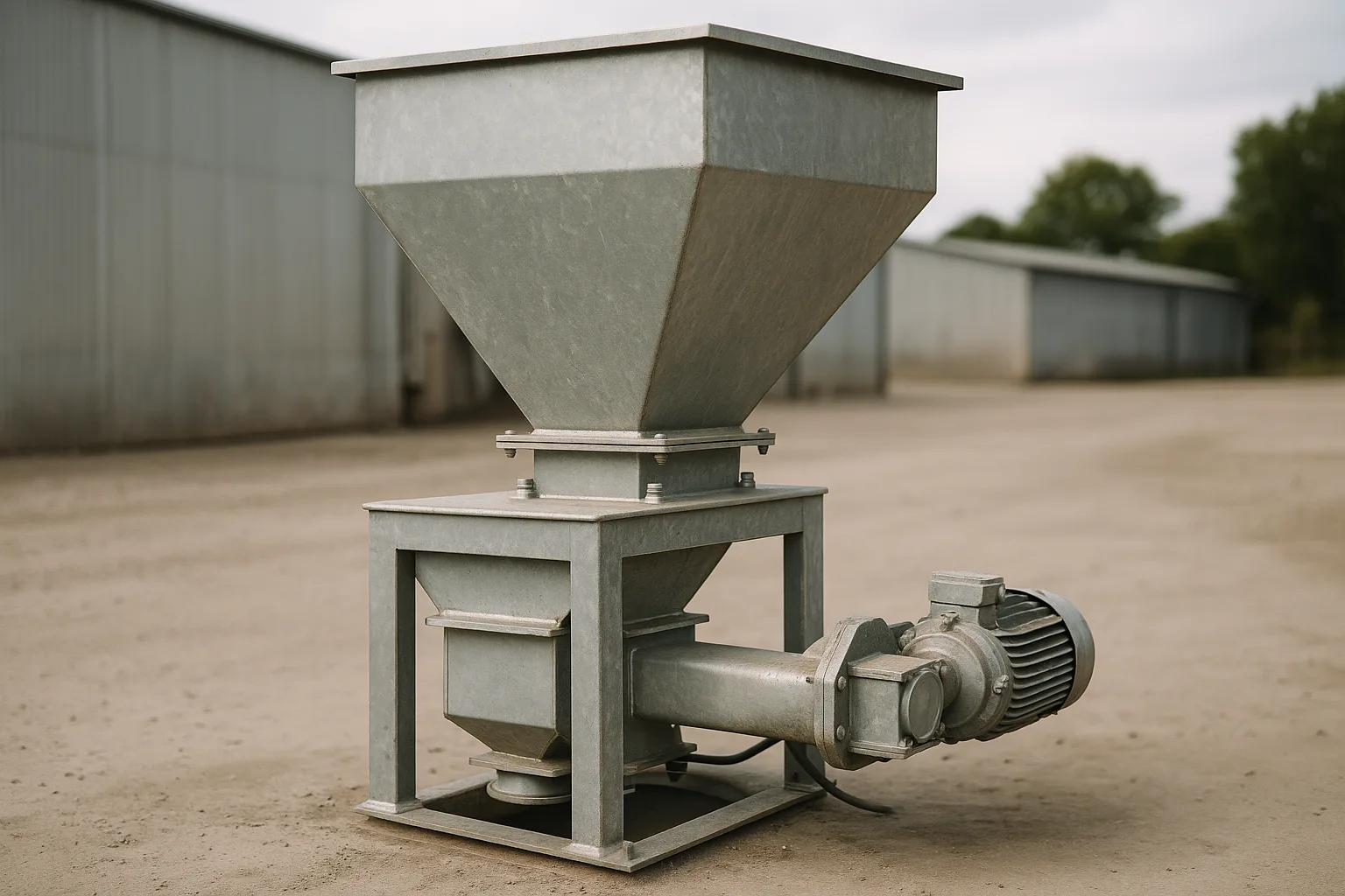 A loss-in-weight feeder, its hopper standing on load cells, discharging through a short screw into the inlet below.