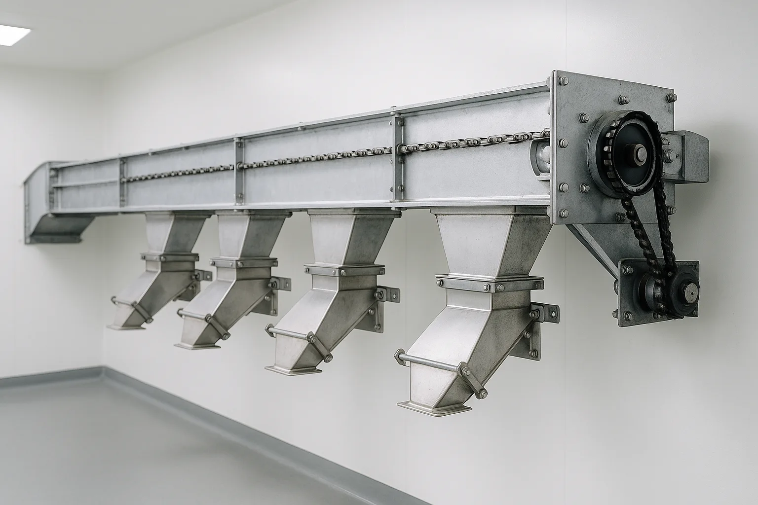 An enclosed chain conveyor running horizontally above a row of outlet gates.
