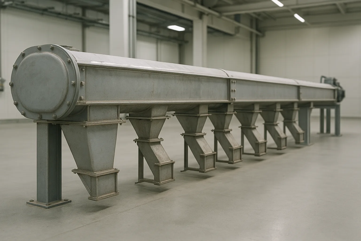 An enclosed chain conveyor running horizontally above a row of outlet gates.