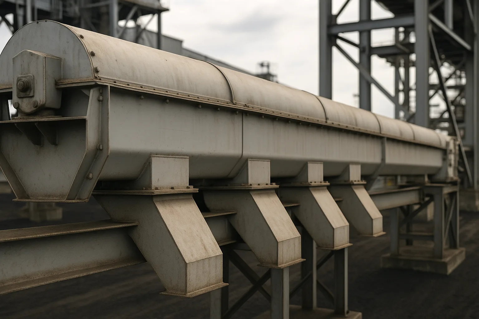 An enclosed chain conveyor running horizontally above a row of outlet gates.