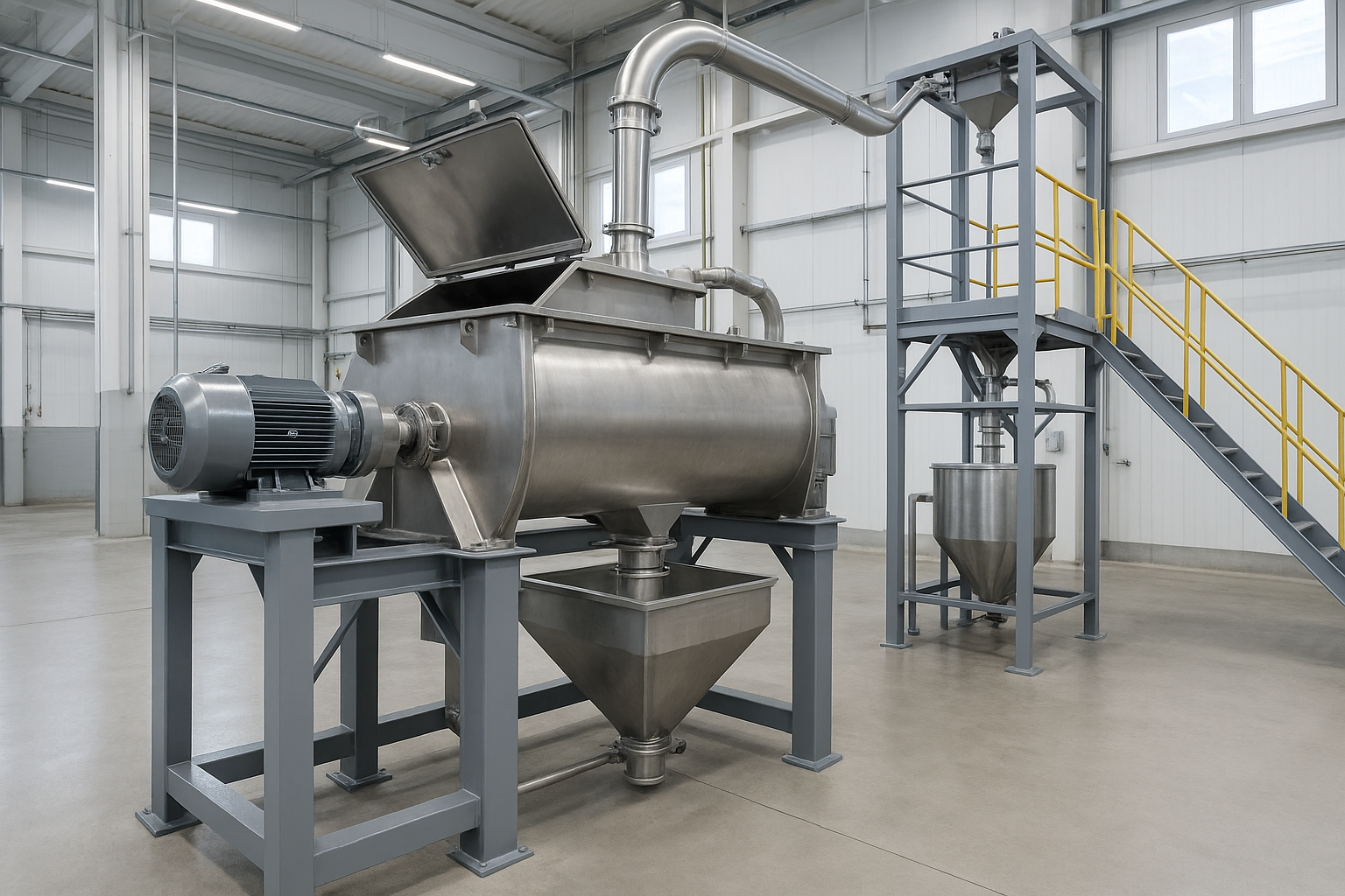 Stainless steel horizontal ribbon blender on a support frame, with an open top charging port, a bottom discharge into a hopper, and a bulk material feed station in the background.
