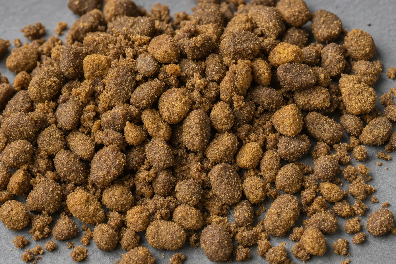 Close-up of pet food kibble, showing particle size and texture.