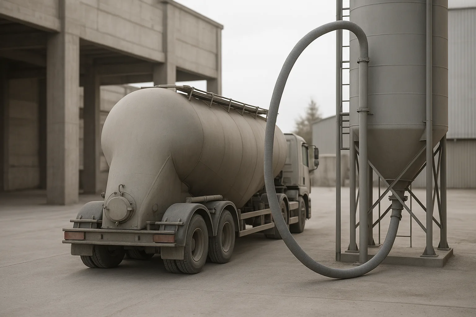A bulk tanker connected to a single conveying line running up to an outdoor silo.