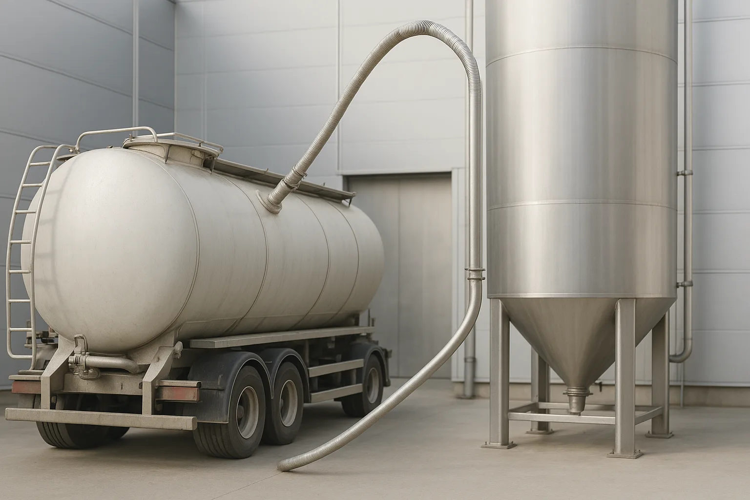 A bulk tanker connected to a single conveying line running up to an outdoor silo.