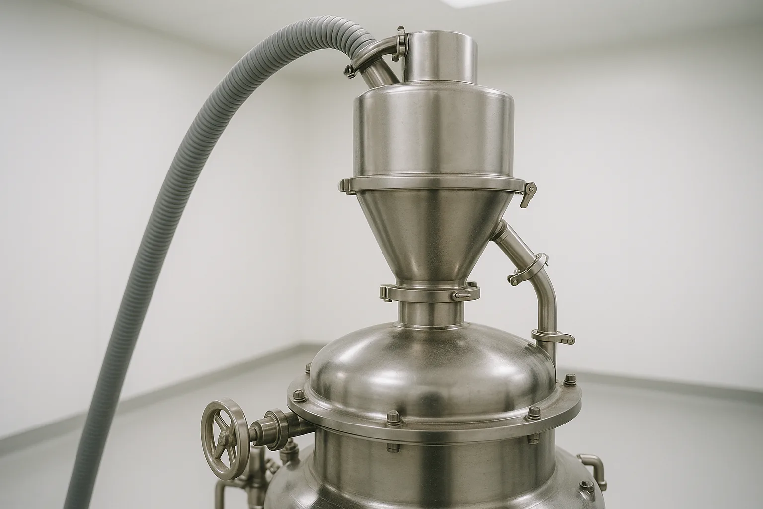 A stainless vacuum receiver mounted on top of a closed process vessel, one flexible suction hose entering it.