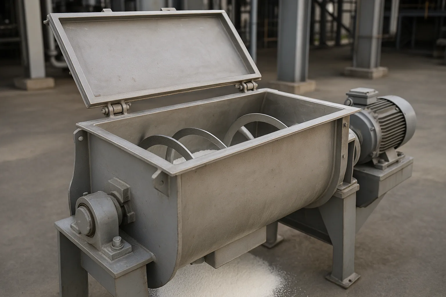 A horizontal ribbon blender with its cover open, product visible in the trough.
