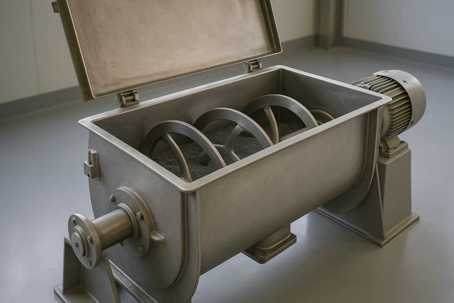 A horizontal ribbon blender with its cover open, product visible in the trough.