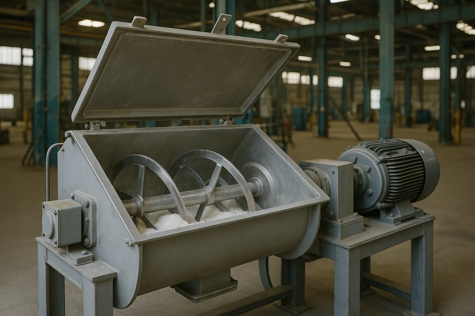 A horizontal ribbon blender with its cover open, product visible in the trough.