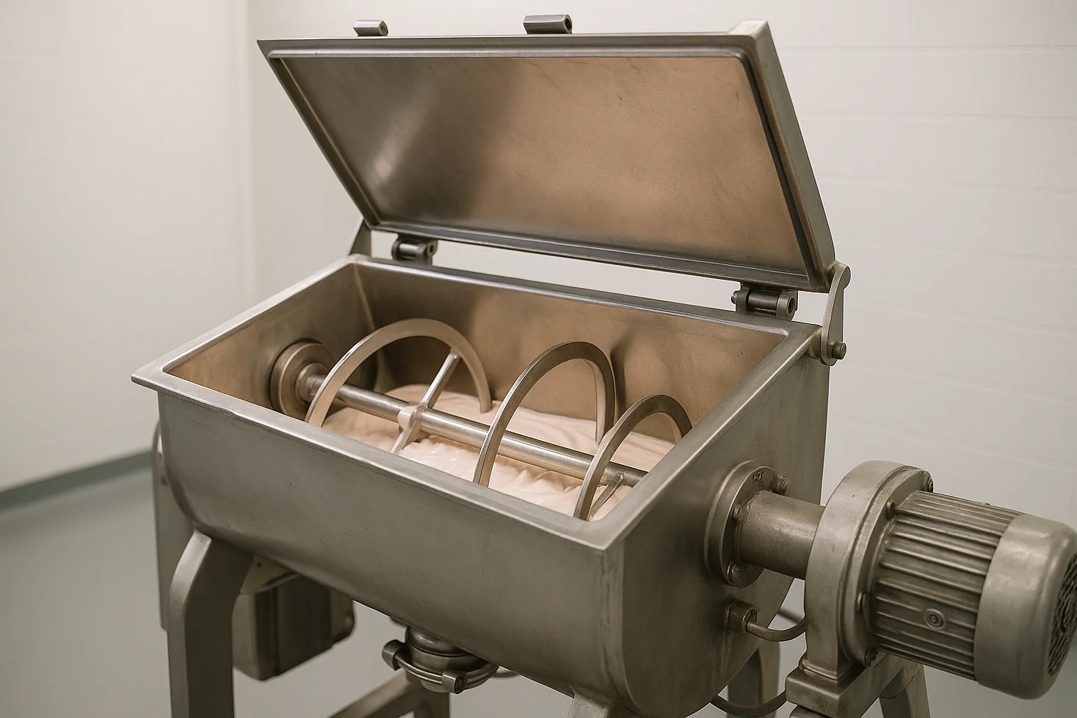 A horizontal ribbon blender with its cover open, product visible in the trough.
