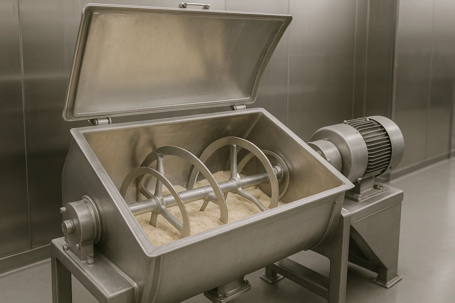 A horizontal ribbon blender with its cover open, product visible in the trough.