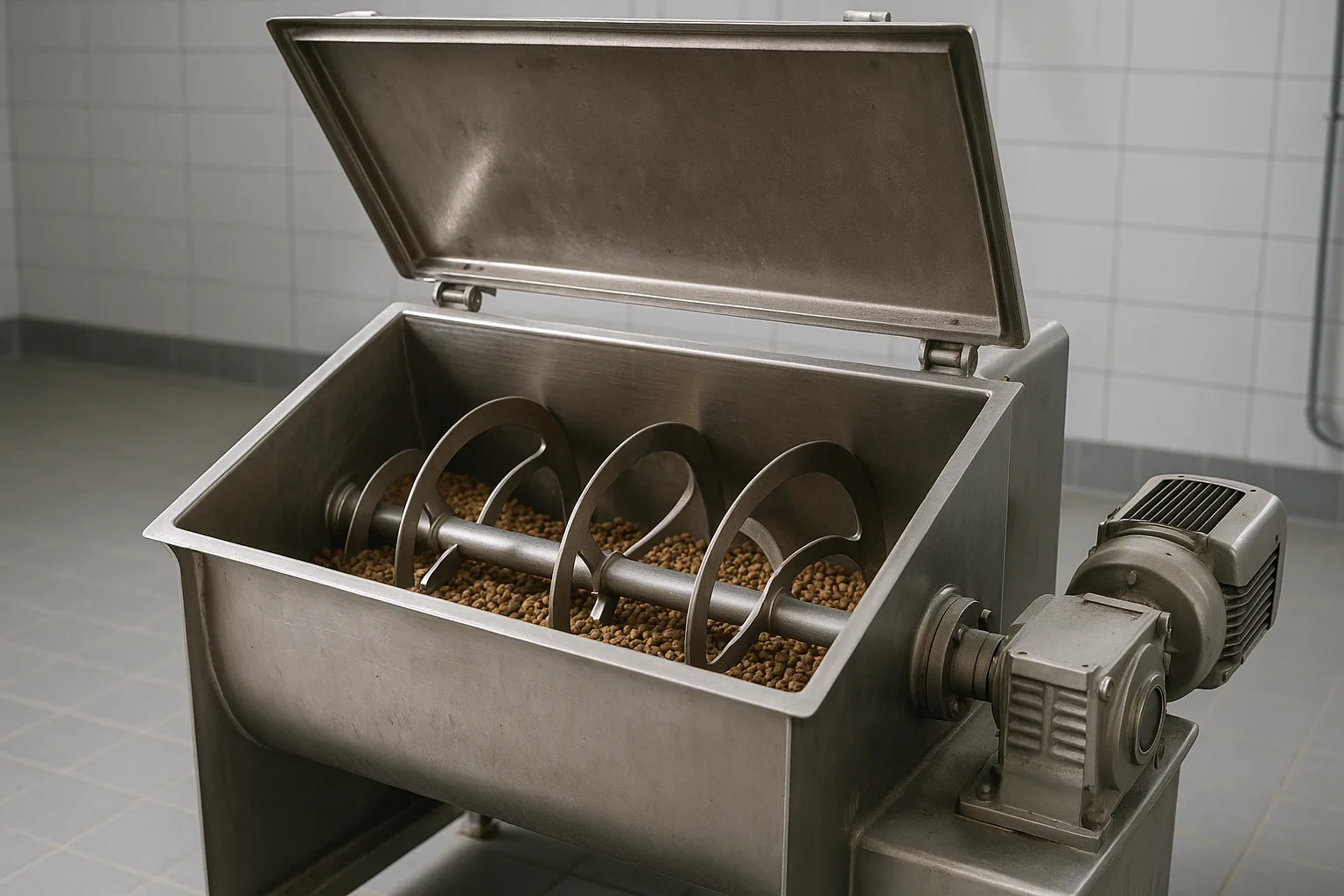 A horizontal ribbon blender with its cover open, product visible in the trough.