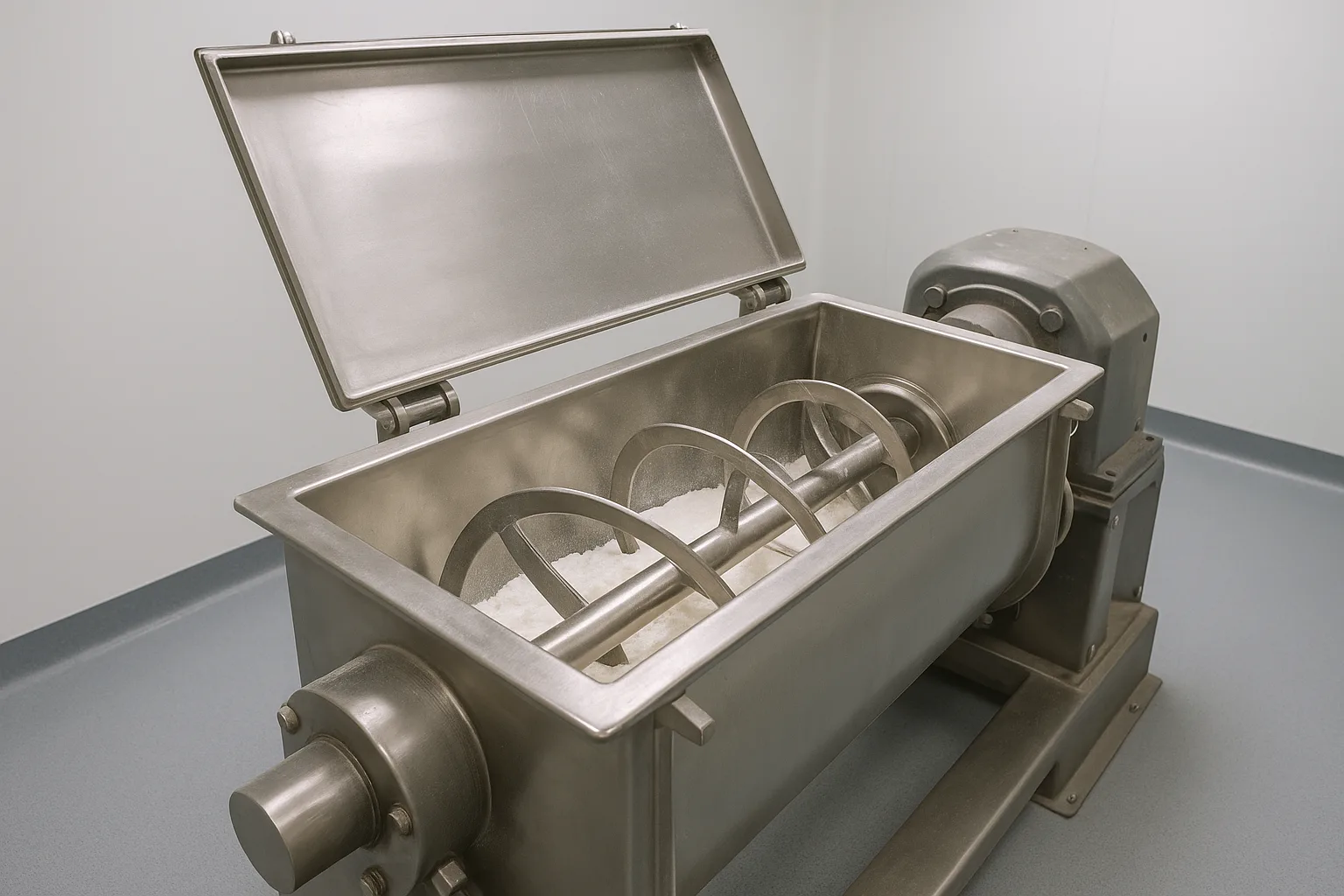 A horizontal ribbon blender with its cover open, product visible in the trough.