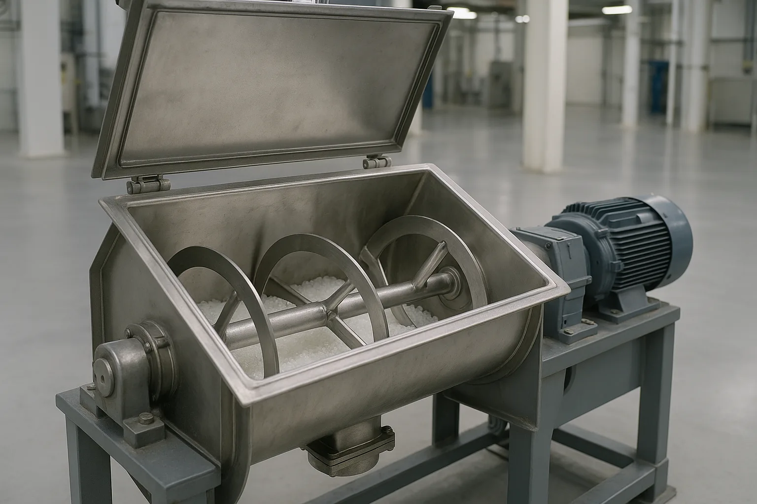 A horizontal ribbon blender with its cover open, product visible in the trough.