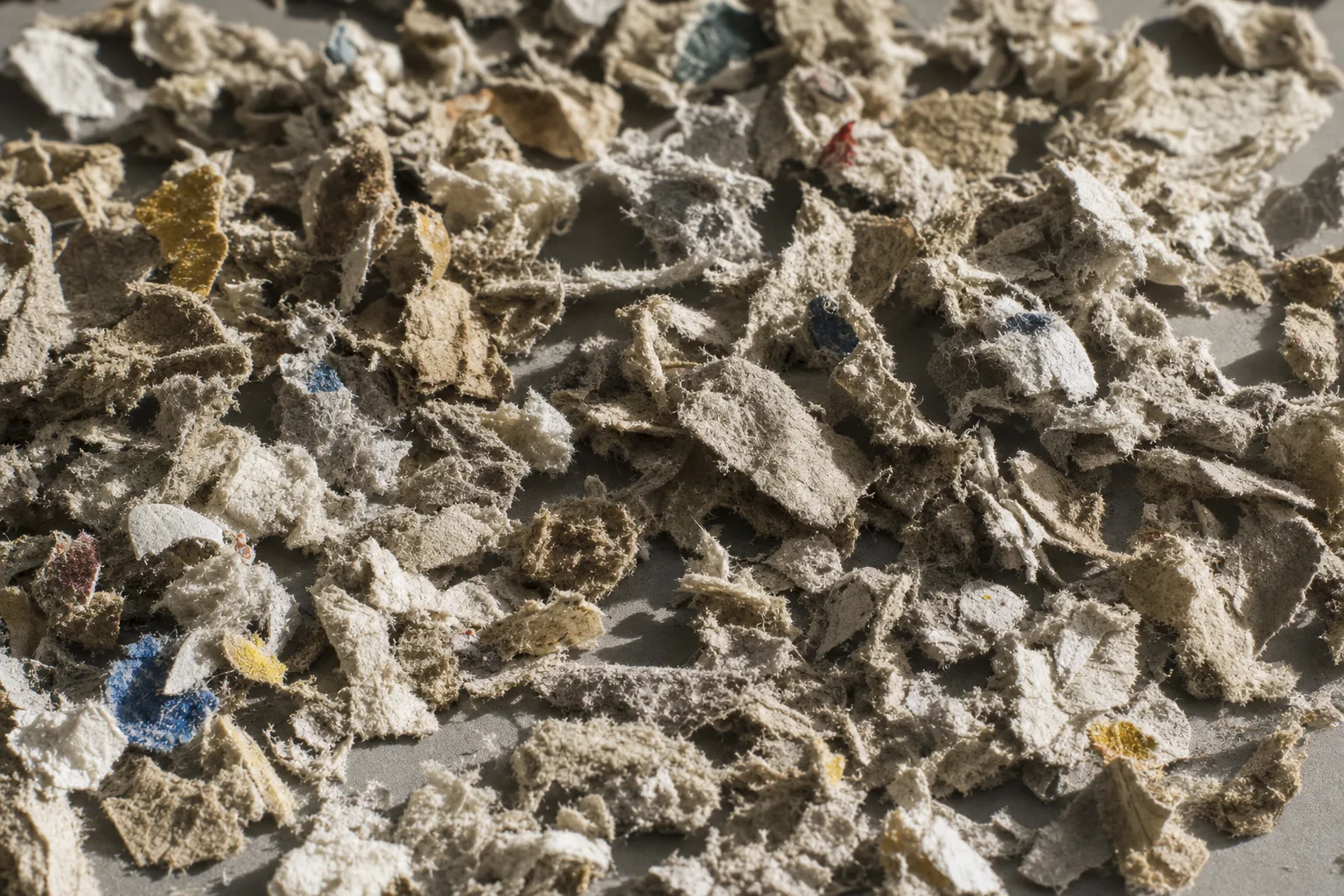 Close-up of recovered paper fibre, showing particle size and texture.