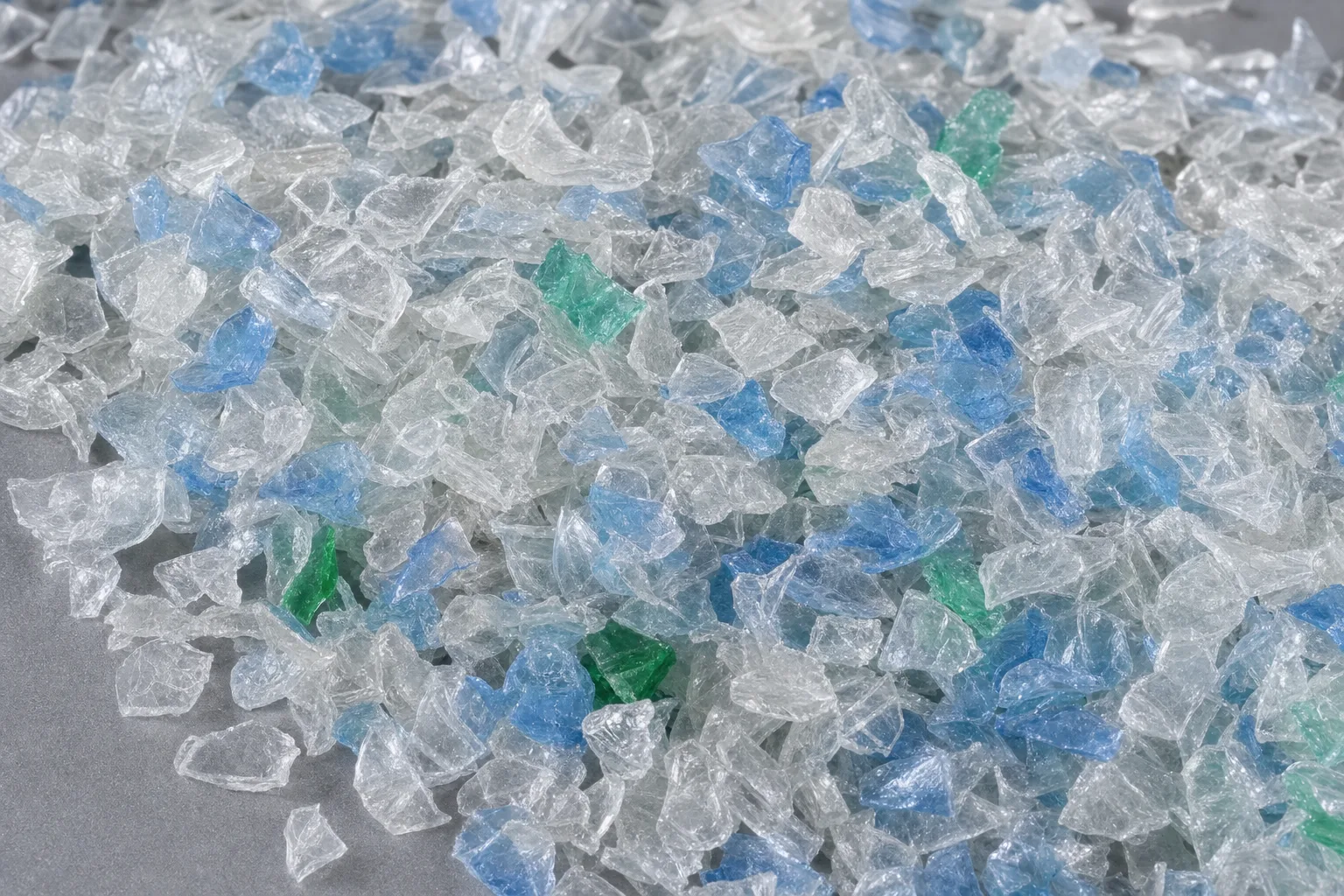 Close-up of recycled pet flakes, showing particle size and texture.