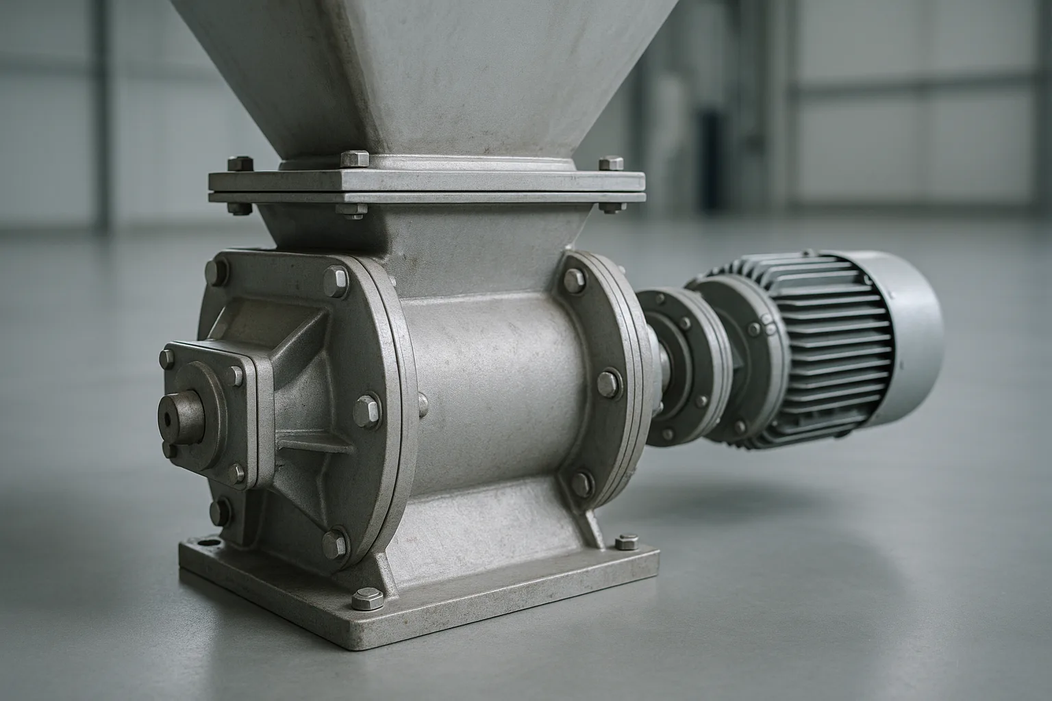 A rotary valve bolted under a hopper outlet, drive and bearing visible on one side.