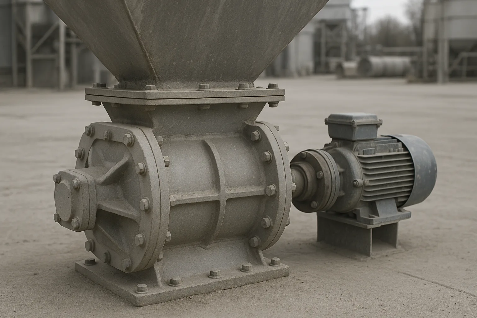 A rotary valve bolted under a hopper outlet, drive and bearing visible on one side.