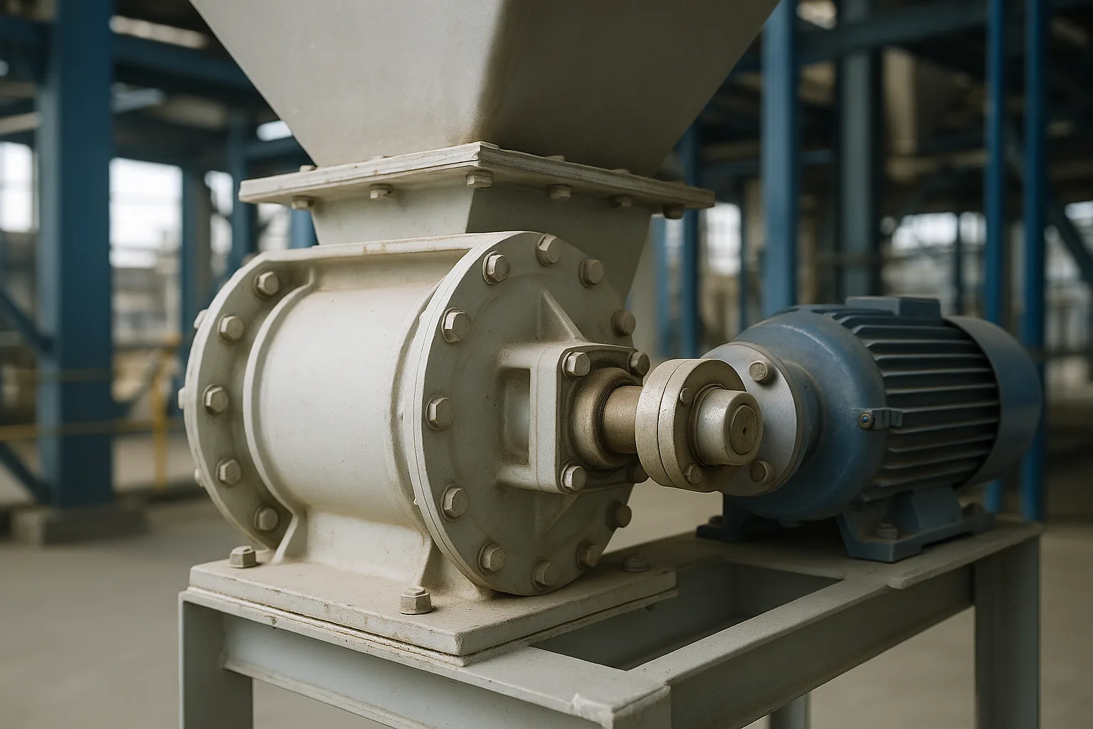 A rotary valve bolted under a hopper outlet, drive and bearing visible on one side.