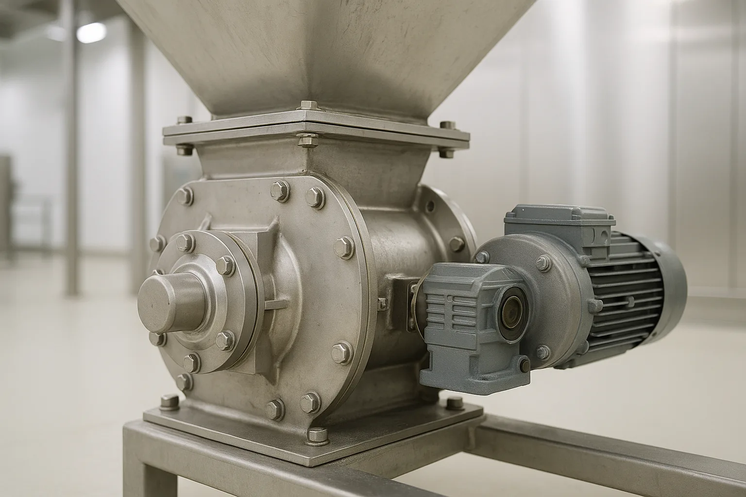 A rotary valve bolted under a hopper outlet, drive and bearing visible on one side.
