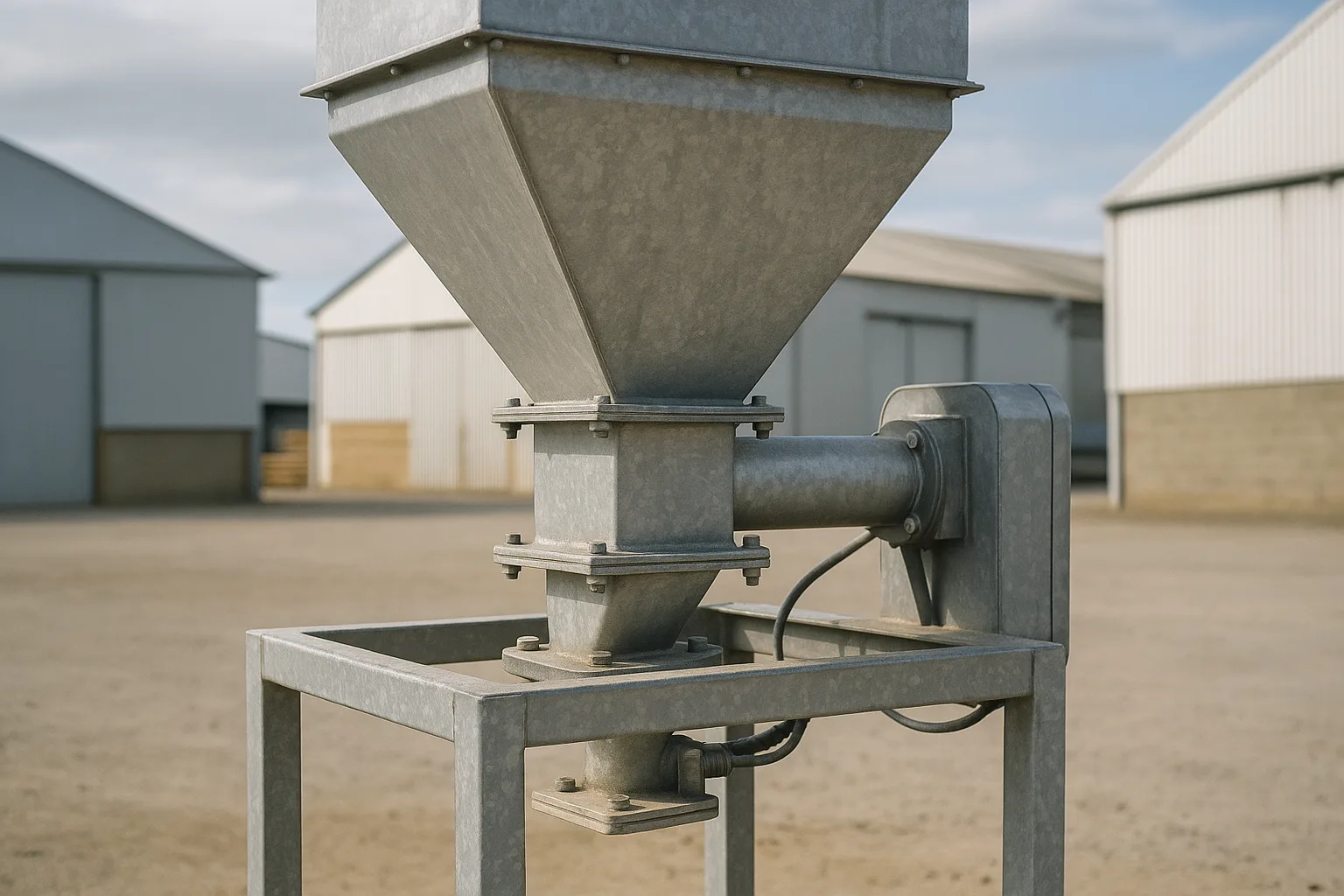 A loss-in-weight feeder, its hopper standing on load cells, discharging through a short screw into the inlet below.