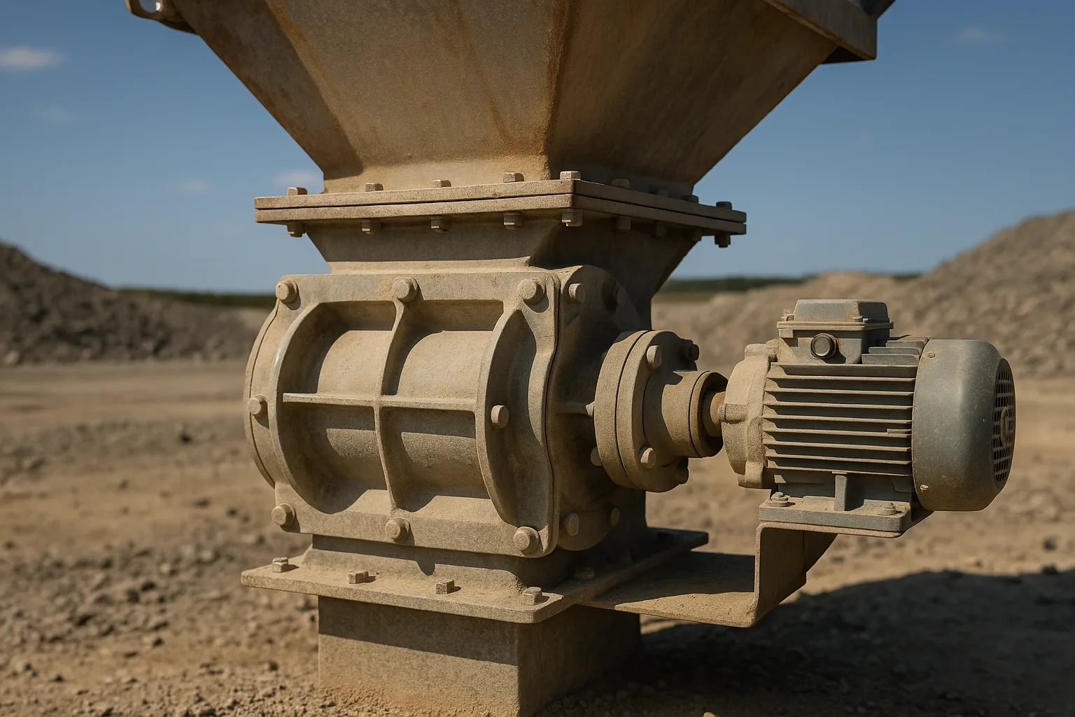 A rotary valve bolted under a hopper outlet, drive and bearing visible on one side.