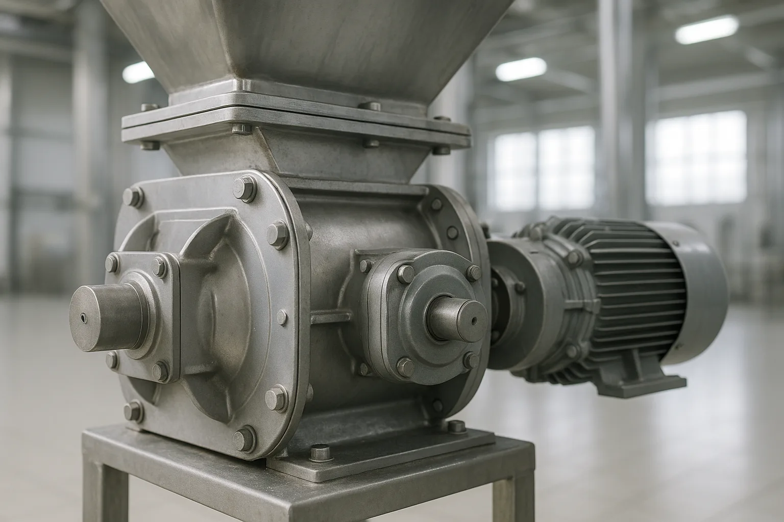 A rotary valve bolted under a hopper outlet, drive and bearing visible on one side.