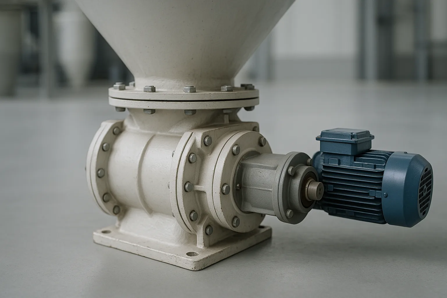 A rotary valve bolted under a hopper outlet, drive and bearing visible on one side.