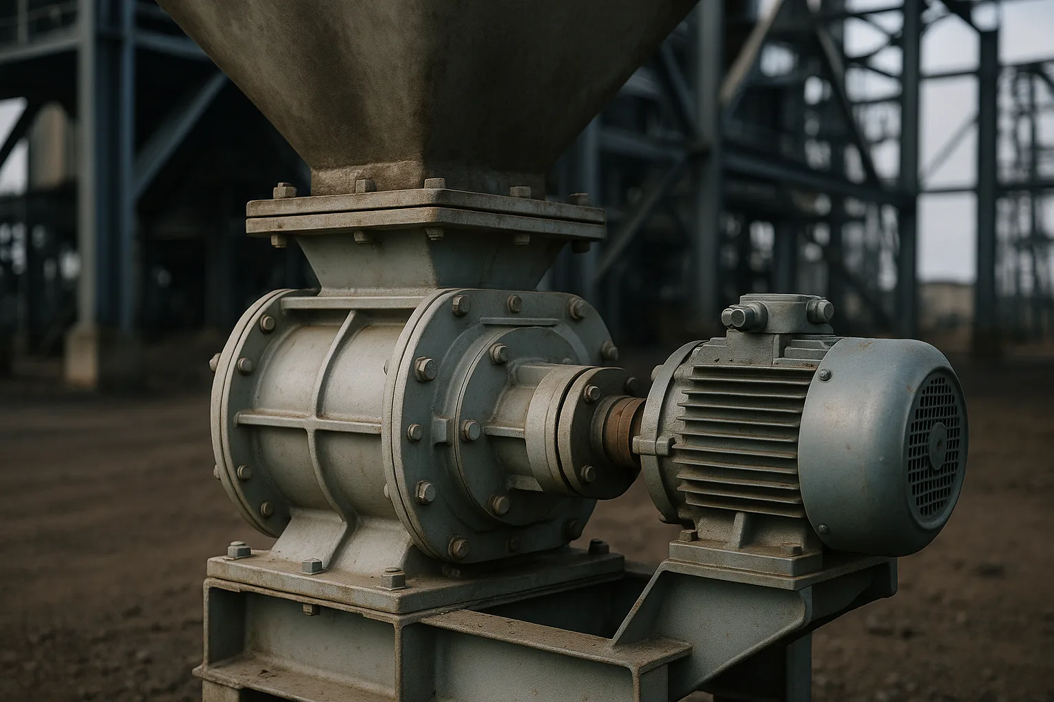 A rotary valve bolted under a hopper outlet, drive and bearing visible on one side.