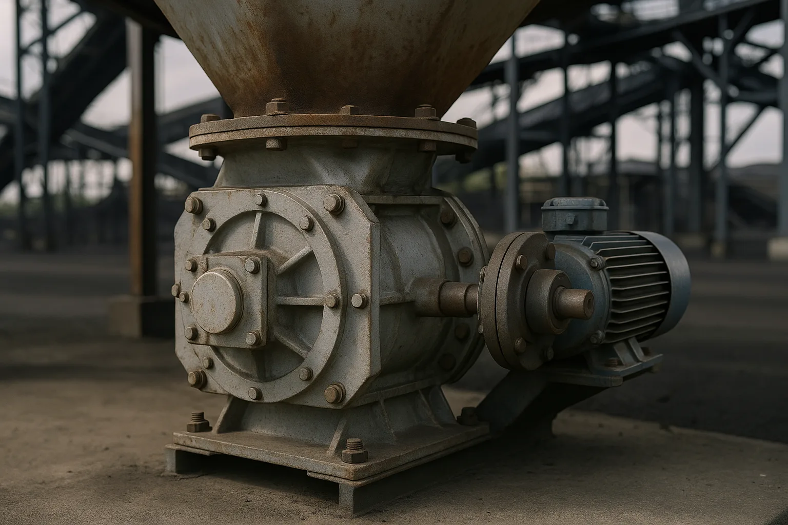 A rotary valve bolted under a hopper outlet, drive and bearing visible on one side.