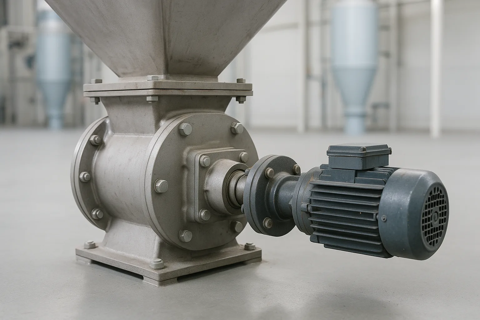 A rotary valve bolted under a hopper outlet, drive and bearing visible on one side.
