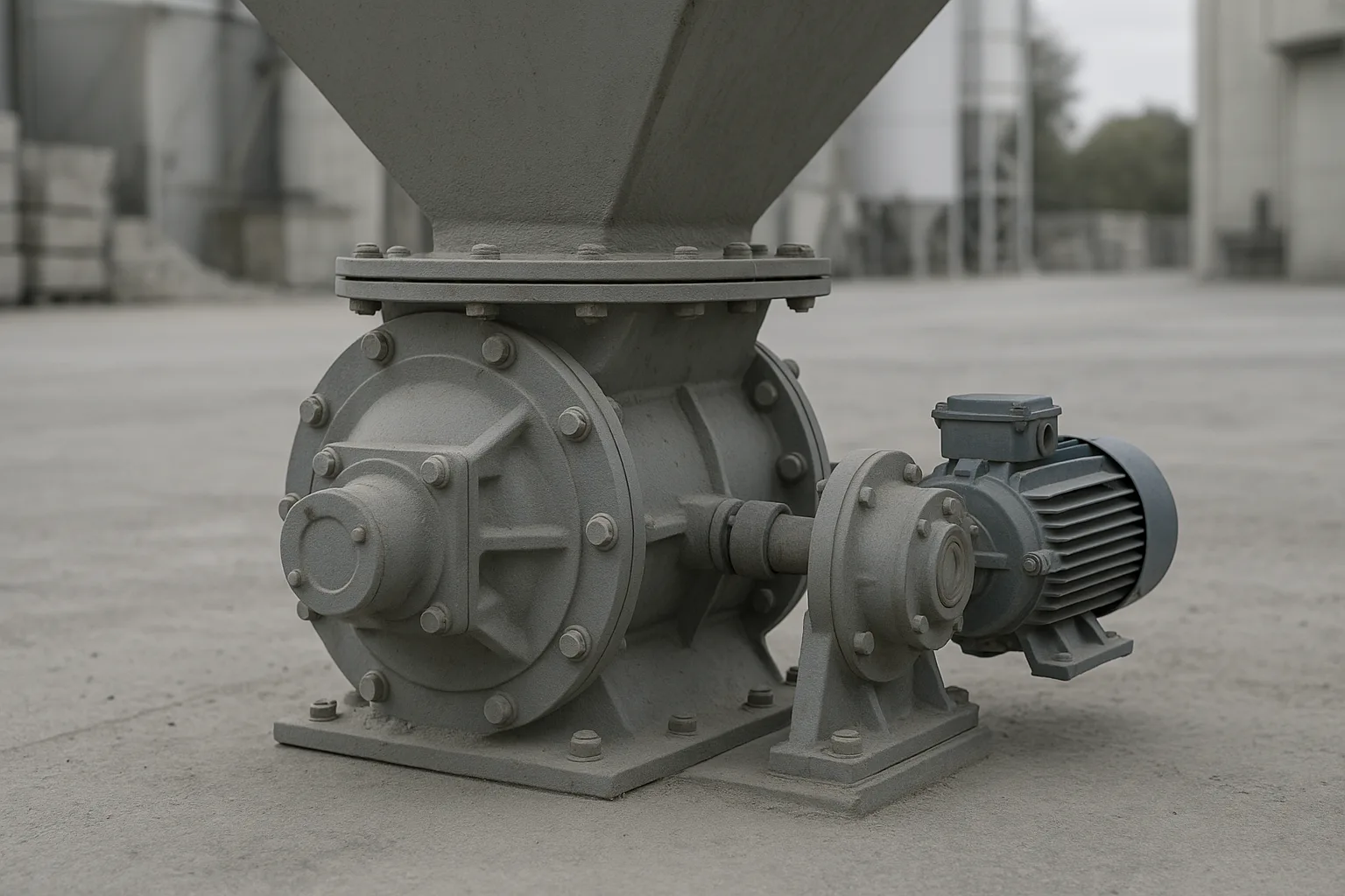 A rotary valve bolted under a hopper outlet, drive and bearing visible on one side.