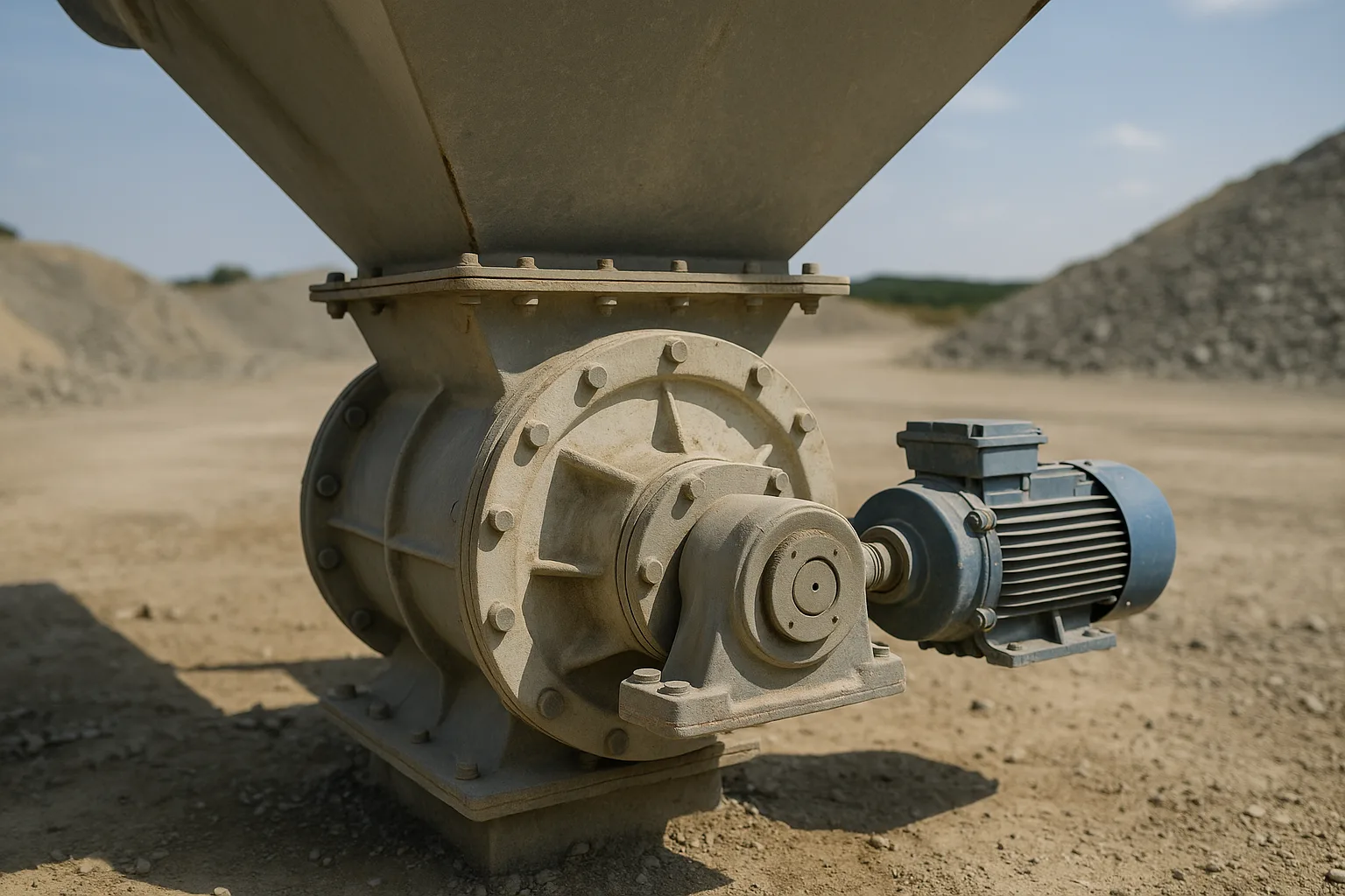 A rotary valve bolted under a hopper outlet, drive and bearing visible on one side.