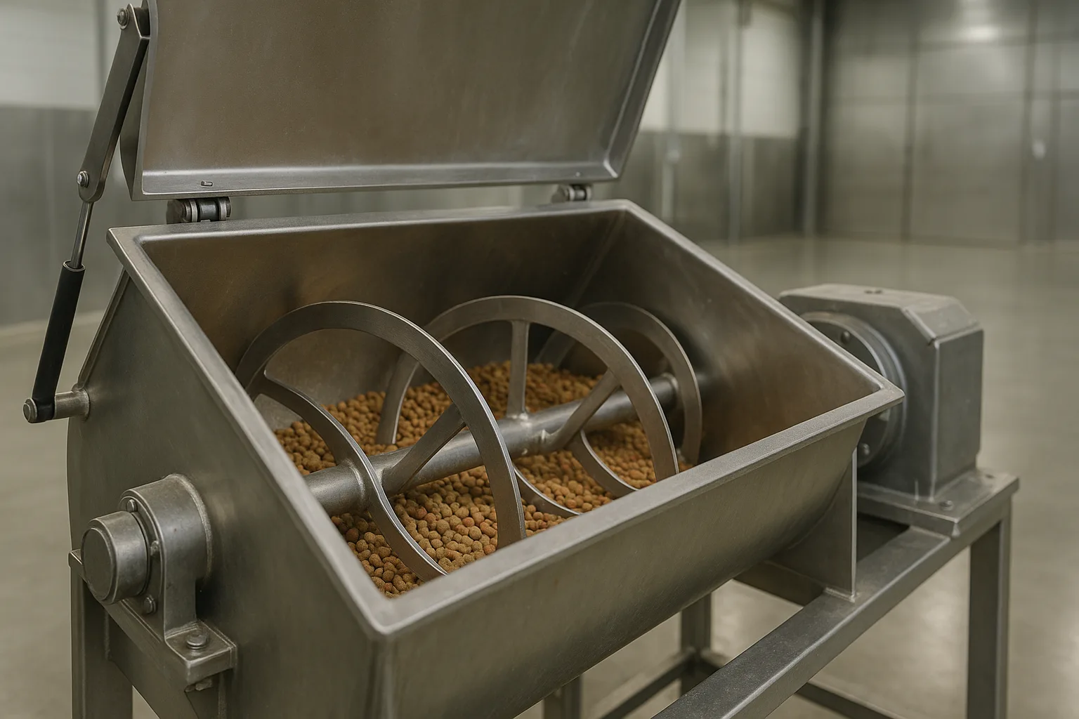 A horizontal ribbon blender with its cover open, product visible in the trough.