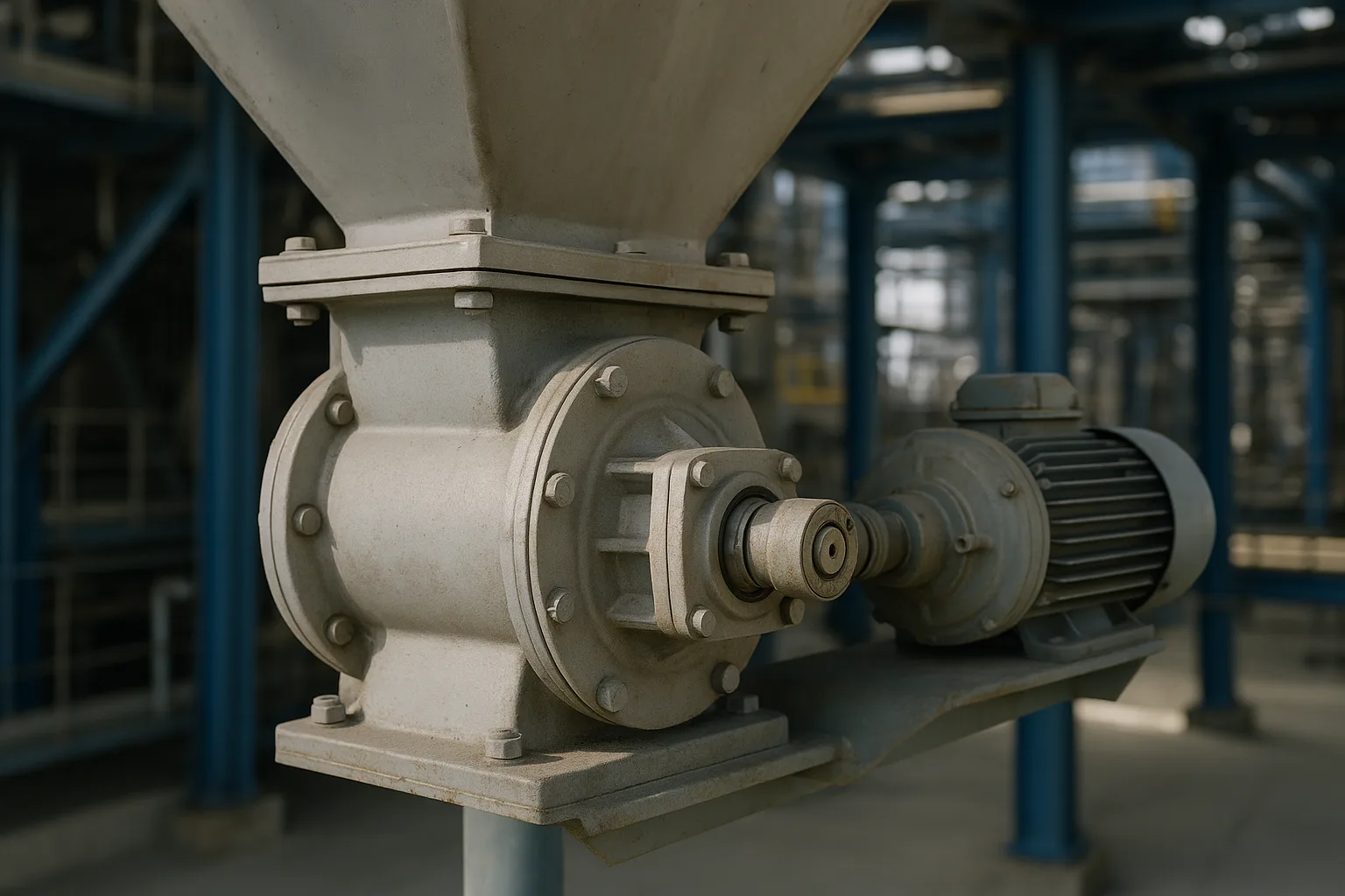 A rotary valve bolted under a hopper outlet, drive and bearing visible on one side.